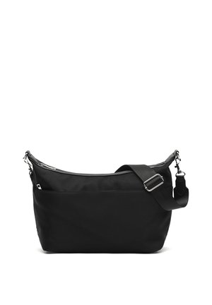 Čierna obdĺžniková crossbody taška s nastaviteľným popruhom, zapínaním na zips a hladkou textúrou látky na bielom pozadí.