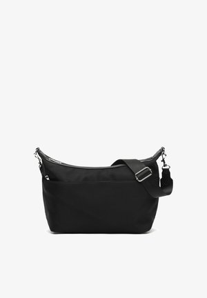 Sac bandoulière rectangulaire noir avec sangle ajustable, fermeture éclair et texture de tissu lisse sur fond blanc.