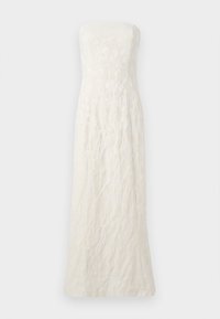 Strapless, gulvlengde kjole i elfenben med teksturert stoff og blomsterdrakter samt en tettsittende bodice som smalner mot hem.
