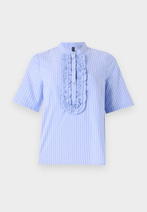 Light blue short-sleeve shirt with vertical white stripes, featuring a ruffled placket and a mandarin collar. Soft fabric texture.