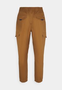 Pantalons cargo marron avec une taille élastique, dotés de deux poches latérales et de jambes fuselées avec des poignets élastiques. Texture de tissu en coton lisse.