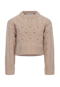 Beige kabelgebreide trui met een ronde halslijn, cropped ontwerp, textuurpatronen en geribbelde manchetten. Beschikt over diamant- en bobbeldetails.