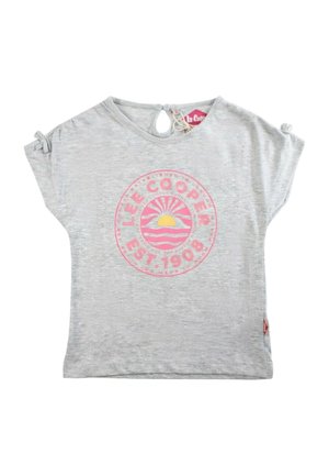 T-shirt à manches courtes gris clair pour tout-petit avec logo Lee Cooper, graphique de coucher de soleil rose et jaune, petits nœuds sur les manches et fermeture à bouton goutte d'eau dans le dos.