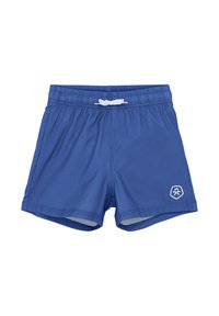 Blauwe zwemshorts gemaakt van lichtgewicht stof, met een elastische tailleband en een witte trekkoord, en een logo op de rechteronderzijde.