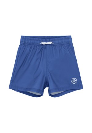 Shorts de bain bleus en tissu léger, dotés d'une taille élastique avec un cordon blanc et d'un logo en bas à droite.