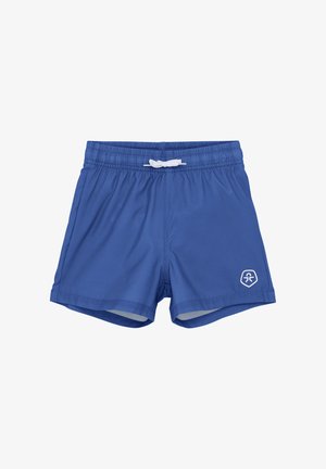 Blå simbyxor gjorda av lättviktsmaterial, med en elastisk midja och en vit dragsko samt en logotyp på nedre högra sidan.