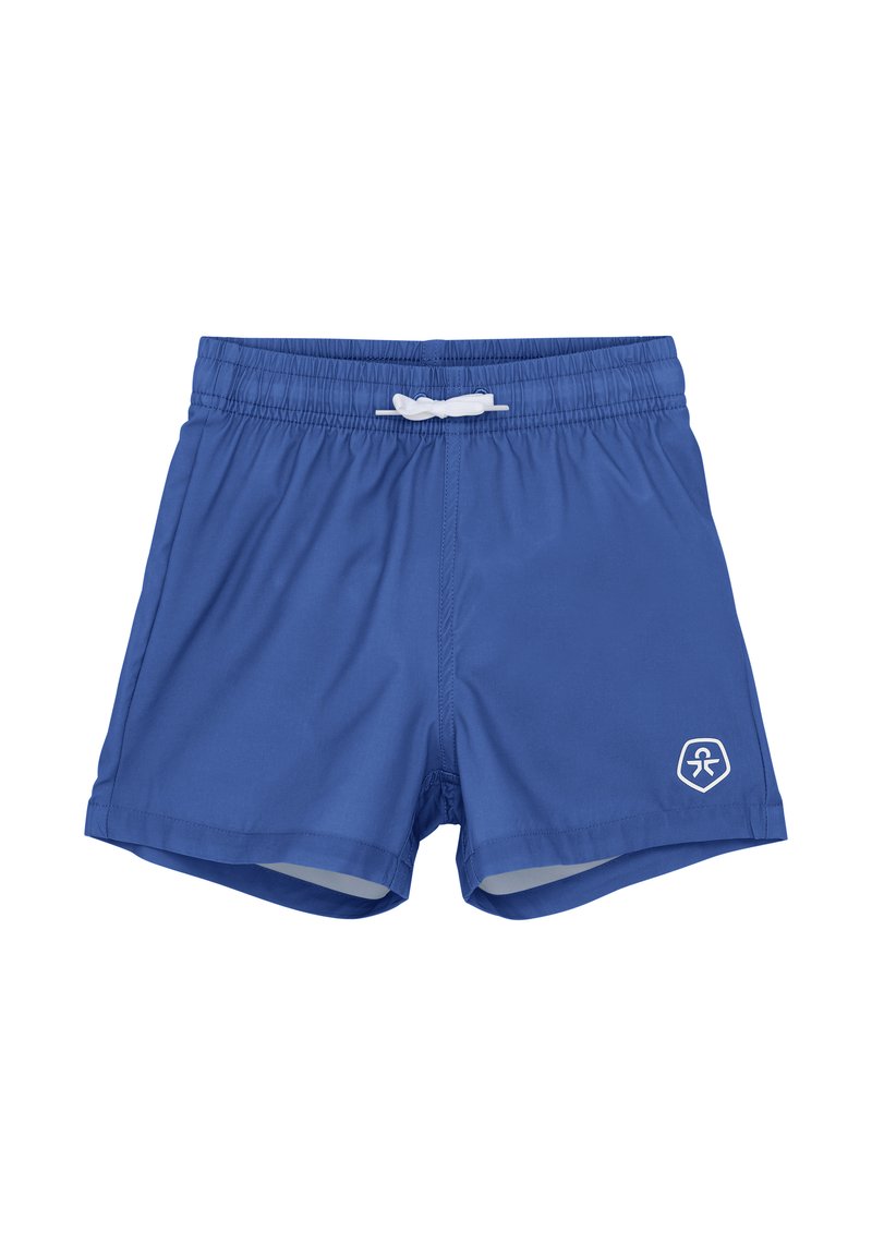 Blauwe zwemshorts gemaakt van lichtgewicht stof, met een elastische tailleband en een witte trekkoord, en een logo op de rechteronderzijde.