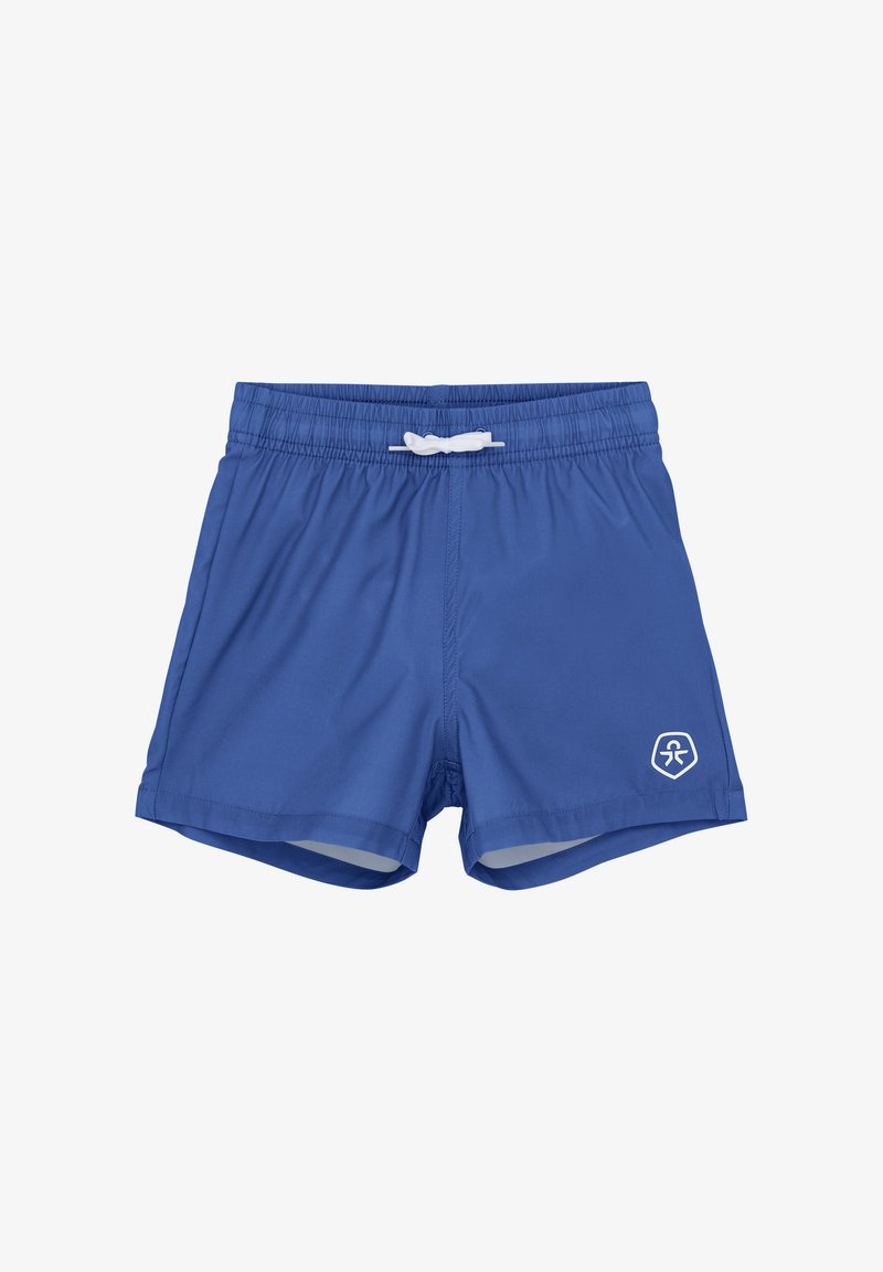 Blauwe zwemshorts gemaakt van lichtgewicht stof, met een elastische tailleband en een witte trekkoord, en een logo op de rechteronderzijde.