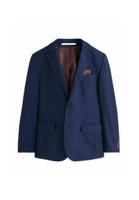 Granatowa marynarka wykonana z gładkiego materiału, z brązową wzorzystą podszewką, jedną kieszenią na piersi, dwiema kieszeniami z przodu oraz zapięciem na guziki przy mankietach.