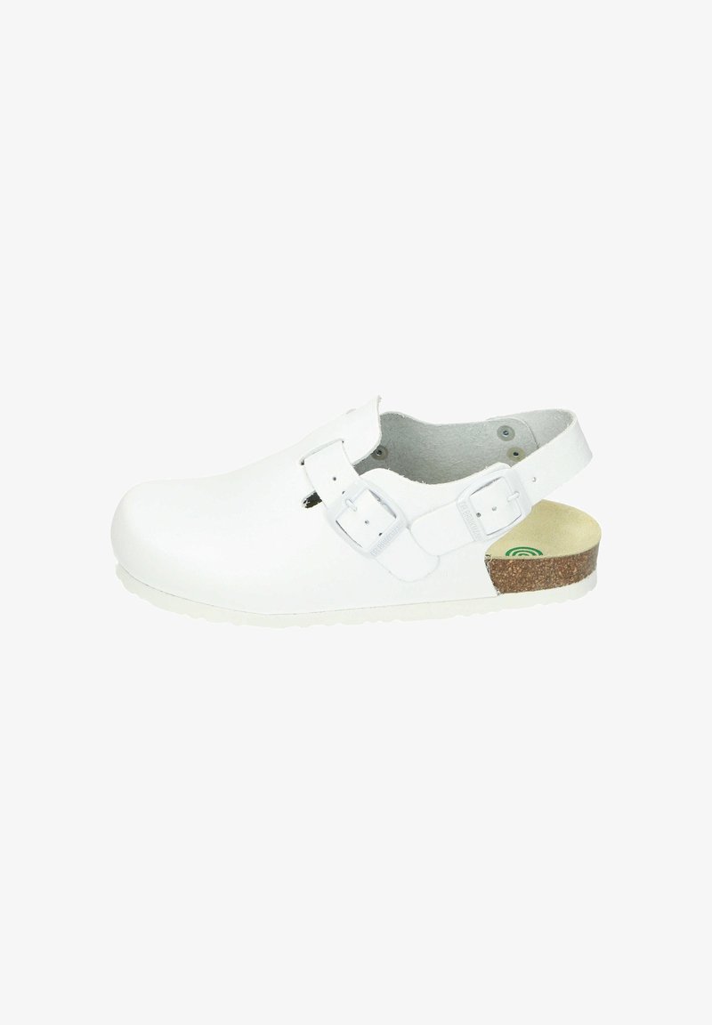 White clogs with a smooth leather upper, featuring two adjustable straps, a cork footbed, and a textured rubber sole for traction.