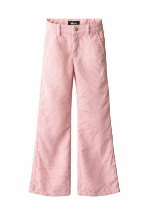 Lichtroze ribfluwelen broek voor kinderen met riemlussen en knoopsluiting aan de voorkant van de tailleband.