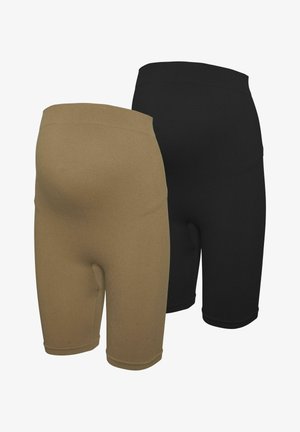 Un bermuda noir et beige, en tissu extensible. Caractéristiques : taille mi-haute, coutures plates et coupe à mi-genou.