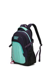 Zaino realizzato in tessuto resistente; presenta un corpo di colore viola scuro con accenti turchesi, spallacci regolabili e diversi scomparti con zip.