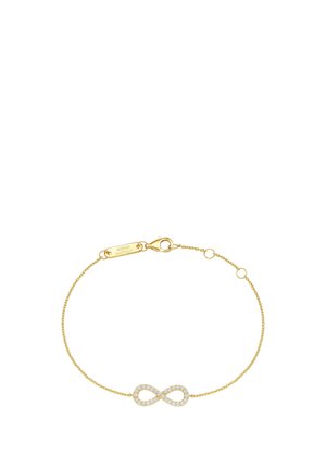 Thin gold chain bracelet with a diamond-studded infinity symbol and a lobster clasp, showing adjustable rings for sizing.