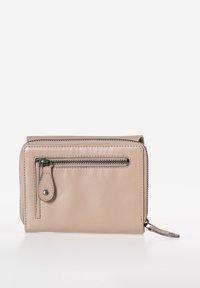 Beige Leder-Wallet mit Reißverschluss, ausgestattet mit einer frontalen Reißverschlusstasche und glatter Textur. Kompakte rechteckige Form mit Nähdetails.