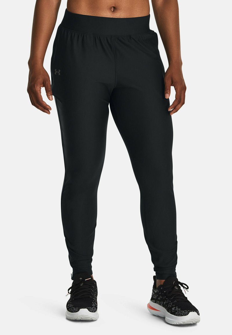 Pantaloni sportivi neri con vita alta, vestibilità affusolata e texture liscia; presenta il logo Under Armour sul lato.