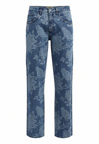 Denim jeans with blue floral pattern. Straight-leg design, medium wash, five pockets, button and zipper closure, and belt loops.