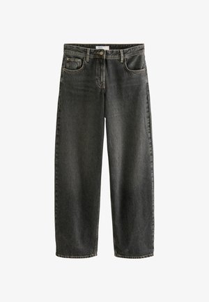 Magas derekú fekete farmernadrág egyenes szárú fazonban, öt zsebbel és elöl gombos záródással. Kontrasztos varrással van díszítve.