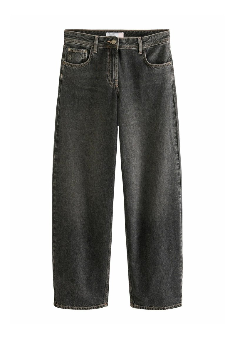 Jeans negri din denim cu talie înaltă, cu croială dreaptă, cinci buzunare și închidere cu nasture în față. Finalizate cu cusături contrastante pe întreaga suprafață.