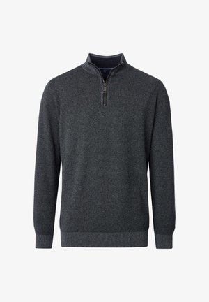 Maglione da uomo in maglia grigia scura con trama, maniche lunghe e corta zip frontale su collo alto, mostrato su sfondo bianco.