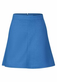 Blå utsvängd kjol i mjukt tyg, med sömlös midjeband och en diskret dragkedja baktill. Mjuk textur, knälång design.