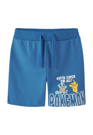 Shorts bleus pour enfants avec taille à cordon, avec les personnages Carapuce et Pikachu ainsi que les inscriptions « Gotta catch 'em all! » et « Pokémon » sur le devant.