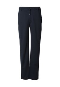 Pantalon noir en tissu lisse et extensible. Présente une coupe ample, une taille à cordon de serrage et des poches latérales pour plus de fonctionnalité.