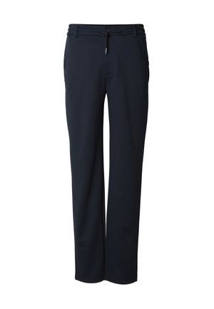 Black trousers made from a smooth, stretch fabric. Features a loose fit, drawstring waistband, and side pockets for utility.