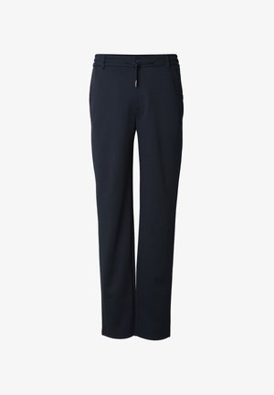 Pantaloni neri realizzati in tessuto liscio ed elasticizzato. Presentano una vestibilità ampia, una coulisse in vita e tasche laterali per praticità.