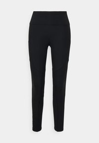 Czarne legginsy sportowe z wysokim stanem, gładką fakturą i kontrastowymi detalami szwów. Brak widocznych logo lub wzorów.