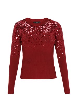 Roter gerippter Pullover mit einem mit Pailletten verzierten Ausschnitt in verschiedenen Rot- und Schwarztönen, langen Ärmeln und einer figurbetonten Silhouette.
