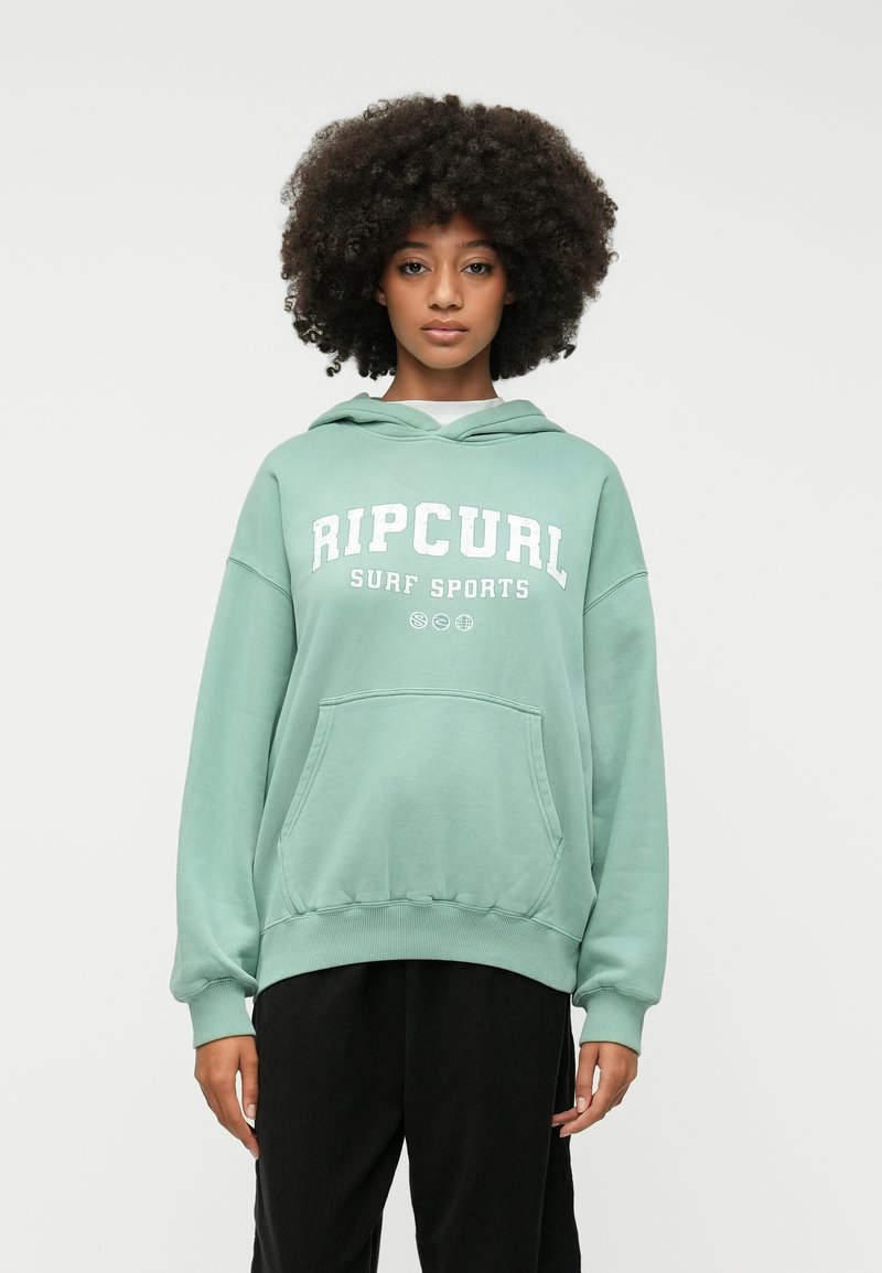 Muntgroene hoodie van zachte stof, met een grote voorkrui pocket, ribbelmanchetten en de tekst "RIPCURL SURF SPORTS" in het wit.