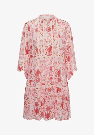 Witte en roze bloemenjurk met rode vogel- en bladpatronen, losse pasvorm, driekwartmouwen en kantafwerking op lijfje en rok.