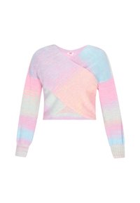Pull cropped pastel avec des manches longues, présentant un design de blocs de couleurs géométriques en rose, bleu et crème, fabriqué en matériau tricoté doux.