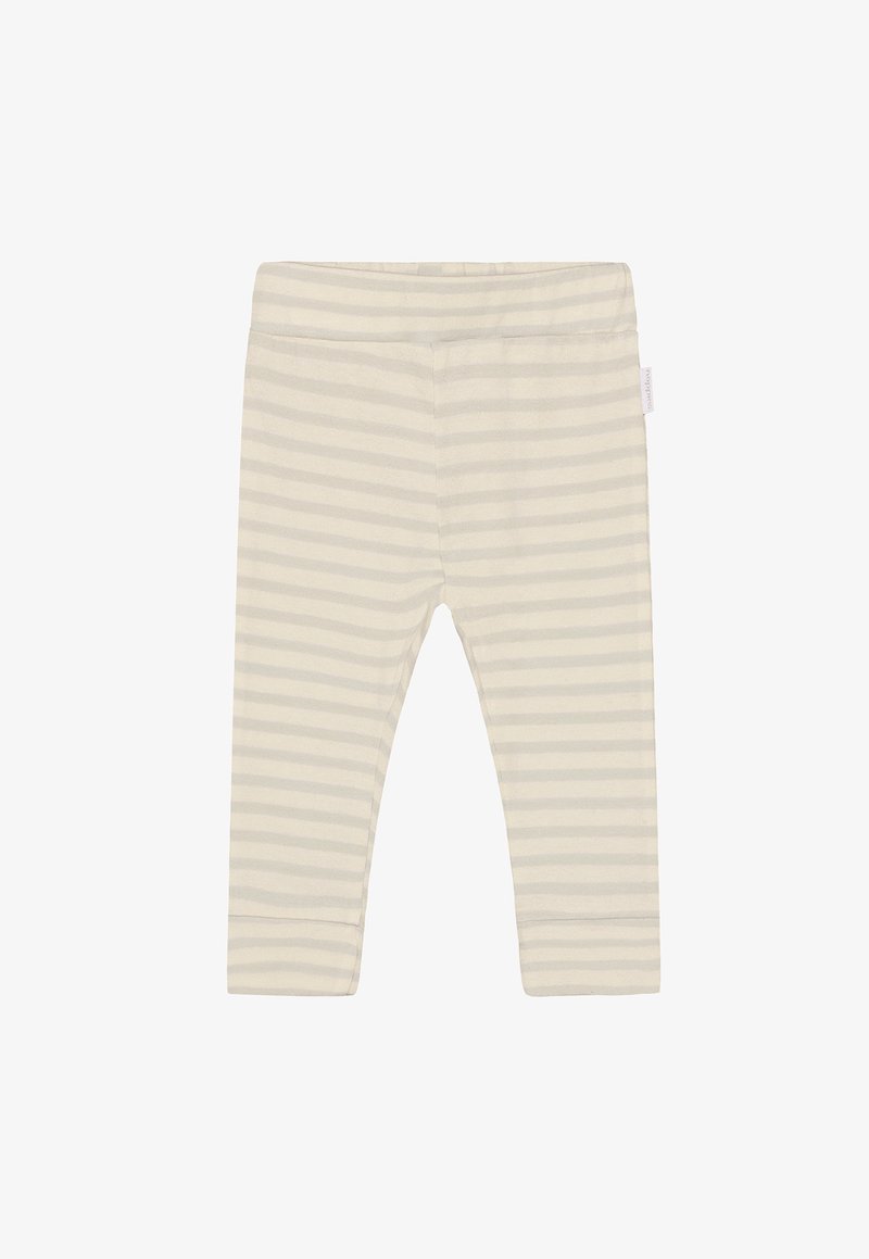 Light beige leggings made of soft fabric, featuring subtle white stripes, elastic waistband, and a fitted design with no visible pockets.