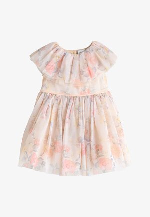 Vestito da ragazza rosa chiaro con motivo floreale, scollo scivolato con volant e dettagli scintillanti, vita arricciata e gonna ampia.