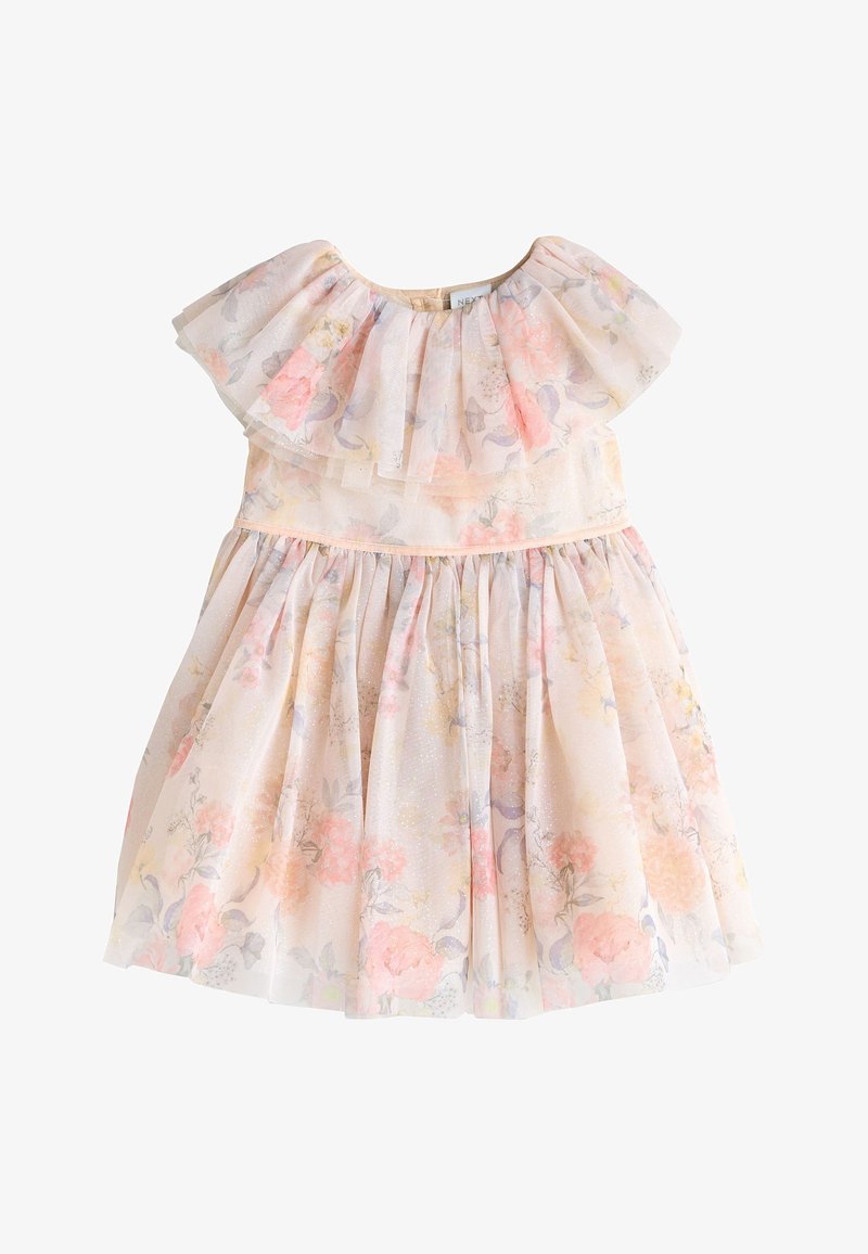 Robe fleurie rose clair pour filles avec encolure à volants décolletée, accents pailletés, taille froncée et jupe ample.