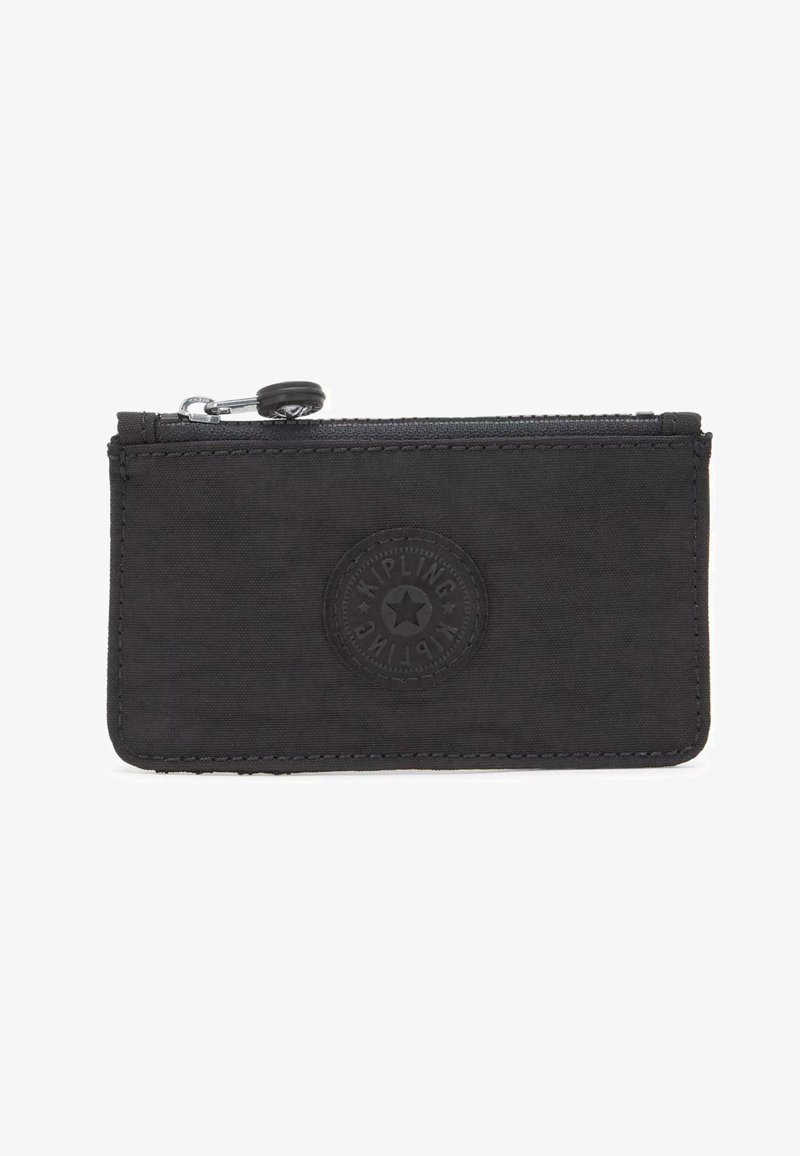 Black fabric wallet with zipper closure, featuring a textured logo patch, simple rectangular shape, and stitched edges for durability.