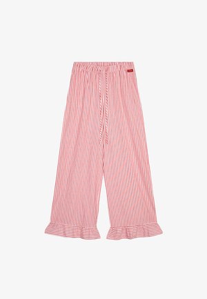 Rot-weiß gestreifte, weit geschnittene Hose mit elastischem Bund und Rüschensaum. Hergestellt aus leichtem Stoff, mit einem lässigen Design.