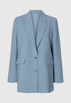 Hellblauer einreihiger Blazer mit Kerbkragen, zwei vorderen Pattentaschen und zwei Knöpfen vorne.