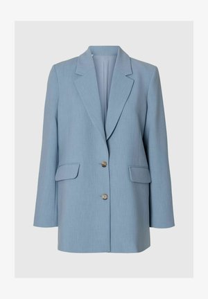 Hellblauer einreihiger Blazer mit Kerbkragen, zwei vorderen Pattentaschen und zwei Knöpfen vorne.