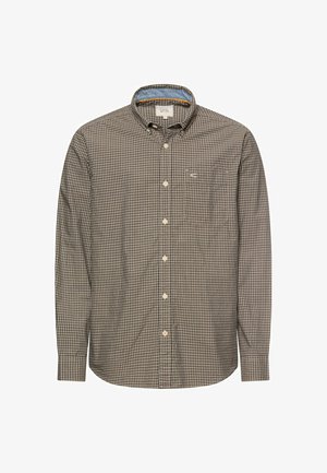 Overhemd met lange mouwen en knopen, met een klein ruitpatroon in bruin en beige, knoopsluiting bij de kraag en een borstzak met logodetail.