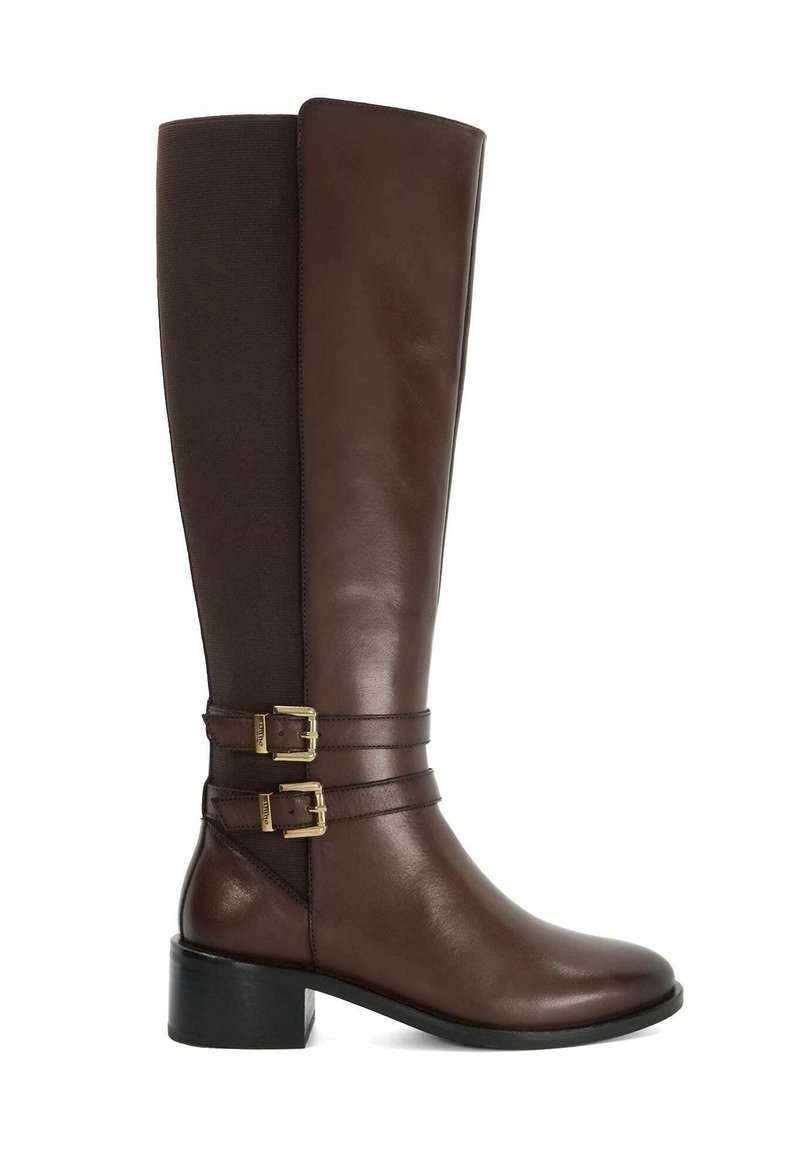 Brown leather knee-high boot with contrasting fabric panel, two gold buckles at the ankle, and a block heel. Smooth texture, sleek design.
