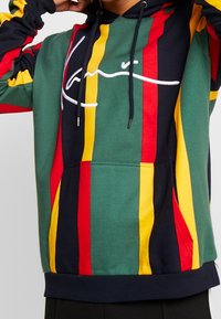 Persona que lleva una sudadera con capucha de rayas multicolores con rayas verticales rojas, amarillas, verdes y negras, y un texto en cursiva blanco en el pecho.