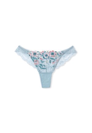 Kantstring in zacht blauw met bloemengalons in roze en groen, voorzien van golvende randen en een soepele tailleband voor comfort.