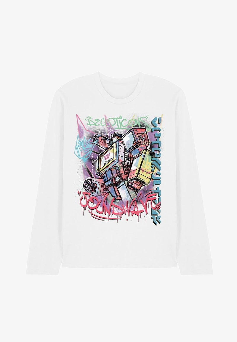 White long-sleeve shirt with colorful graffiti-style graphic of Decepticon Soundwave robot and text, blending urban art and Transformers theme.