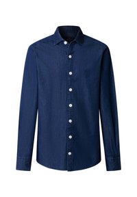 Granatowa koszula z guzikami, z klasycznym kołnierzykiem, długimi rękawami, wykonana z tkaniny przypominającej dżins, z białymi guzikami i małym logo na piersi.