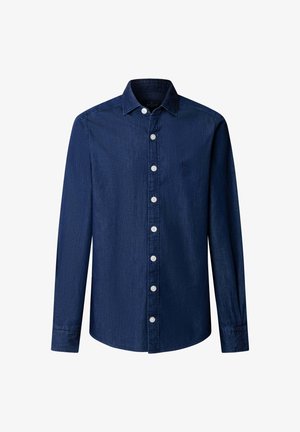 Marineblaues Button-Down-Hemd mit klassischem Kragen, langen Ärmeln, aus denimähnlichem Stoff, mit weißen Knöpfen und einem kleinen Logo auf der Brust.