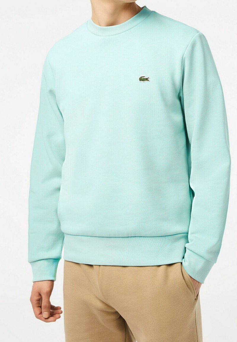 Personne portant un sweat-shirt bleu clair col rond avec un petit logo crocodile vert sur la poitrine, associé à un pantalon beige, main dans la poche.