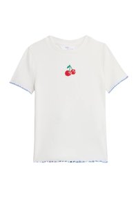 Vit bomull t-shirt med röd och grön körsbärsbroderi på framsidan. Ljust blå vågiga kanter på ärmarna och nederkanten.